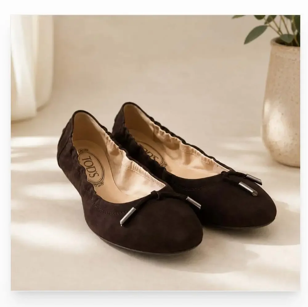 Tod's Shoes Womens Size 8.5 Brown Suede Ballet Flats Bow Non Slip Sole Casual